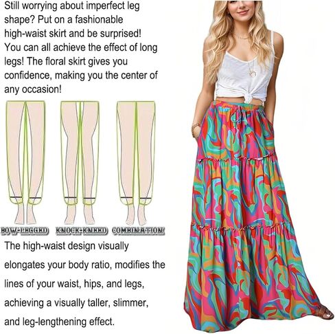 ADWAXDA Womens Boho Maxi Skirt, Floral Print Flowy High Waist Tiered Pleated Long Skirt with Pockets in Kuwait