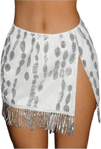 Makemechic Women's Sequin Sparkly Mini Skirt Fringe Fringe Split Bodycon Clubwear in Kuwait