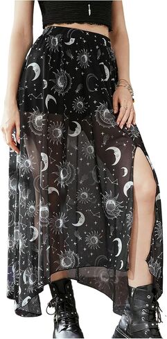 Women's Galaxy Graphic Asymmetrical Sheer Flowy Skirt Split Thigh Midi Skirts with Shorts in Saudi Arabia