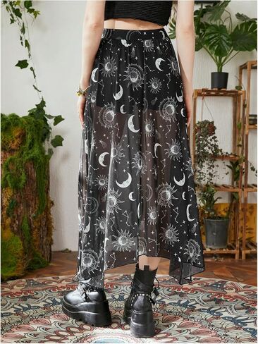 Women's Galaxy Graphic Asymmetrical Sheer Flowy Skirt Split Thigh Midi Skirts with Shorts in Saudi Arabia