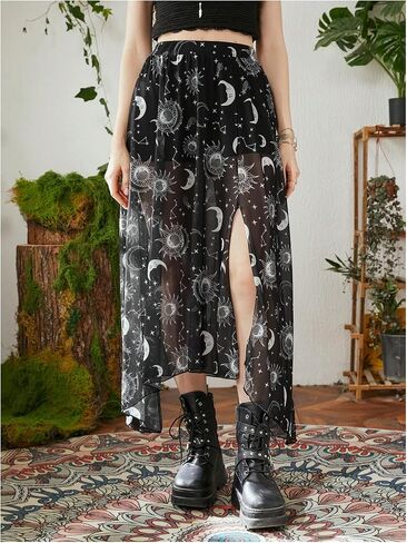 Women's Galaxy Graphic Asymmetrical Sheer Flowy Skirt Split Thigh Midi Skirts with Shorts in Saudi Arabia