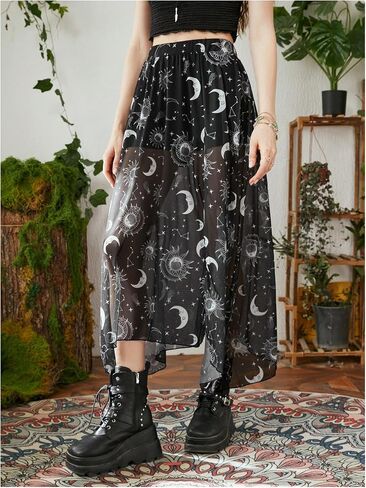 Women's Galaxy Graphic Asymmetrical Sheer Flowy Skirt Split Thigh Midi Skirts with Shorts in Saudi Arabia