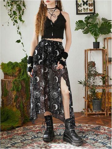 Women's Galaxy Graphic Asymmetrical Sheer Flowy Skirt Split Thigh Midi Skirts with Shorts in Saudi Arabia