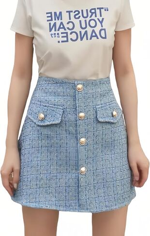 المرأة منقوشة تنورة صغيرة الخريف قلم رصاص لطيف Bodycon خط فوق الركبة طول التنانير زر عالية الخصر تنورة قصيرة تويد in Saudi Arabia