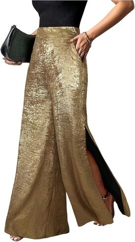 MakeMeChic Women's Metallic Split Side Hem Long Pants High Waist Wide Leg Loose Trousers with Pockets in Kuwait
