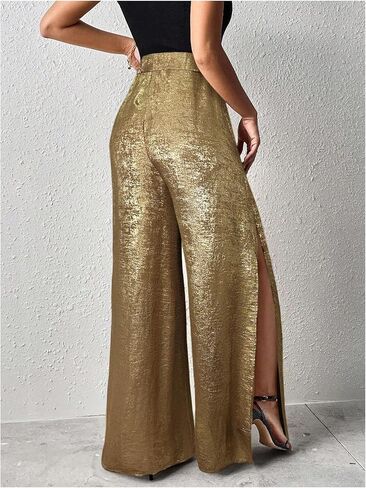 MakeMeChic Women's Metallic Split Side Hem Long Pants High Waist Wide Leg Loose Trousers with Pockets in Kuwait