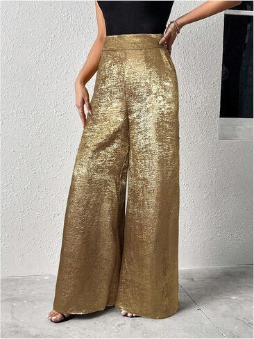 MakeMeChic Women's Metallic Split Side Hem Long Pants High Waist Wide Leg Loose Trousers with Pockets in Kuwait