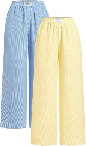 SOLY HUX Women's Striped Pants Elastic Waist Wide Leg Baggy Sweatpants Lounge Pants 2 Packs in Kuwait