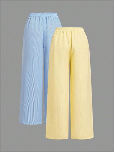 SOLY HUX Women's Striped Pants Elastic Waist Wide Leg Baggy Sweatpants Lounge Pants 2 Packs in Kuwait