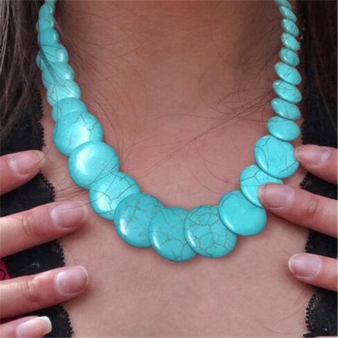 Bohemian Round Disc Choker Necklace for Women Colorful Turquoise Ball Beaded Birthstone Pendant Necklaces Adjustable Chain Handmade Stone Holiday Carnival Party Y2K Jewelry 22" in Saudi Arabia