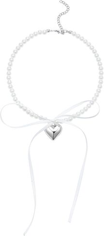 Pearl Ribbon Bow Choker Necklaces Y2k Coquette Pearl Necklace with Heart Bow Necklace for Women in Saudi Arabia