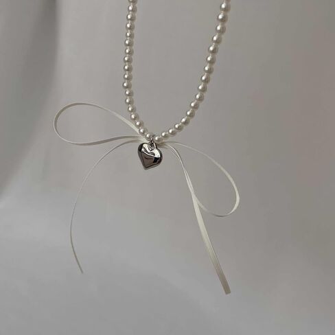 Pearl Ribbon Bow Choker Necklaces Y2k Coquette Pearl Necklace with Heart Bow Necklace for Women in Saudi Arabia