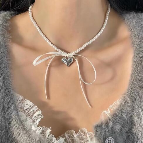 Pearl Ribbon Bow Choker Necklaces Y2k Coquette Pearl Necklace with Heart Bow Necklace for Women in Saudi Arabia