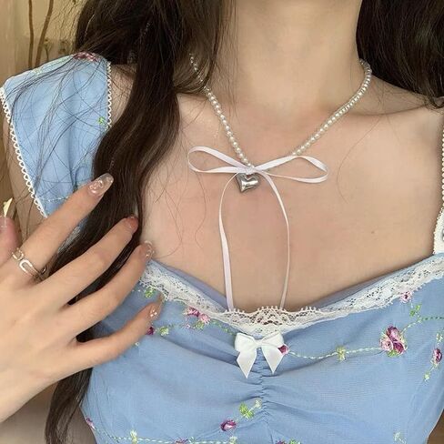 Pearl Ribbon Bow Choker Necklaces Y2k Coquette Pearl Necklace with Heart Bow Necklace for Women in Saudi Arabia