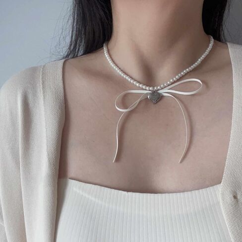 Pearl Ribbon Bow Choker Necklaces Y2k Coquette Pearl Necklace with Heart Bow Necklace for Women in Saudi Arabia