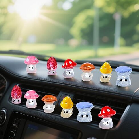 12Pcs Cute Mini Mushroom Car Rearview Mirror Ornaments Fun Dashboard Decorations, Kawaii Car Interior Accessories for Women Gifts, Colored in Saudi Arabia
