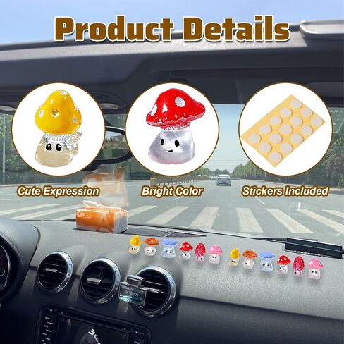 12Pcs Cute Mini Mushroom Car Rearview Mirror Ornaments Fun Dashboard Decorations, Kawaii Car Interior Accessories for Women Gifts, Colored in Saudi Arabia