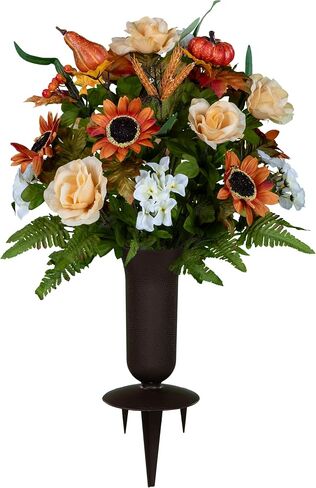 Sympathy Silks Artificial Cemetery Flowers – Realistic, Outdoor Grave Decorations - Non-Bleed Colors- Burgundy Peony and Orange Daisy Bouquet for Cemetery-vase Sold Separately in Saudi Arabia