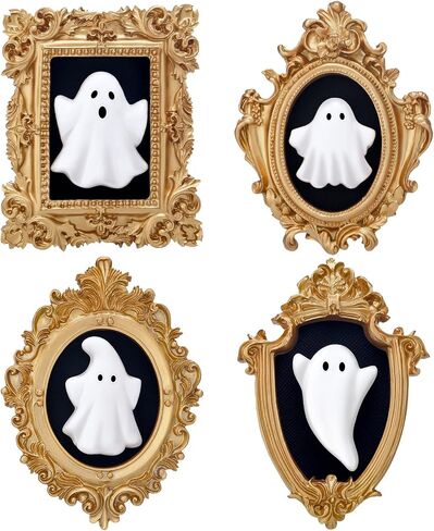 4 Pcs Halloween 3D Ceramic Ghosts with Vintage Resin Framed Mini Cute Sculpture Statue Wall Decoration Small Scary Ghost Figurine Halloween Sculptures for Wall Living Room Bedroom Home Decor in Saudi Arabia