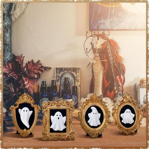 4 Pcs Halloween 3D Ceramic Ghosts with Vintage Resin Framed Mini Cute Sculpture Statue Wall Decoration Small Scary Ghost Figurine Halloween Sculptures for Wall Living Room Bedroom Home Decor in Saudi Arabia