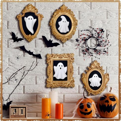 4 Pcs Halloween 3D Ceramic Ghosts with Vintage Resin Framed Mini Cute Sculpture Statue Wall Decoration Small Scary Ghost Figurine Halloween Sculptures for Wall Living Room Bedroom Home Decor in Saudi Arabia