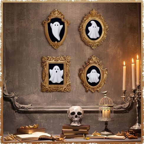 4 Pcs Halloween 3D Ceramic Ghosts with Vintage Resin Framed Mini Cute Sculpture Statue Wall Decoration Small Scary Ghost Figurine Halloween Sculptures for Wall Living Room Bedroom Home Decor in Saudi Arabia