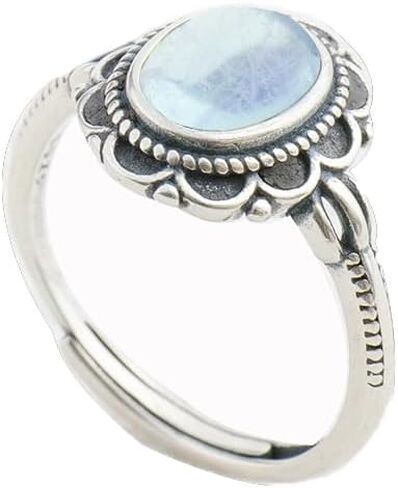 S925 Silver Aquamarine Ring 8 * 6mm Oval Cut March Birthstone Vintage Floral Design Adjustable Bands Boho Jewelry Promise Gifts in Saudi Arabia