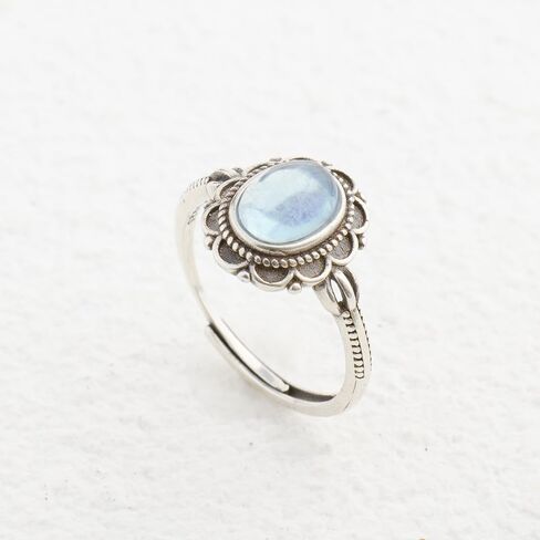 S925 Silver Aquamarine Ring 8 * 6mm Oval Cut March Birthstone Vintage Floral Design Adjustable Bands Boho Jewelry Promise Gifts in Saudi Arabia