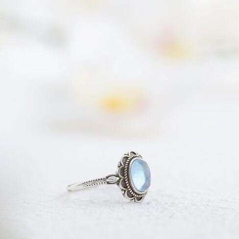 S925 Silver Aquamarine Ring 8 * 6mm Oval Cut March Birthstone Vintage Floral Design Adjustable Bands Boho Jewelry Promise Gifts in Saudi Arabia