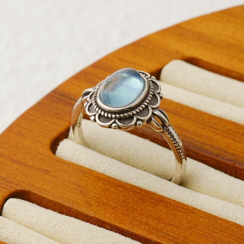 S925 Silver Aquamarine Ring 8 * 6mm Oval Cut March Birthstone Vintage Floral Design Adjustable Bands Boho Jewelry Promise Gifts in Saudi Arabia