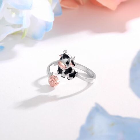 Sterling Silver Cow Adjustable Ring - CZ Cute Farm Animal Jewelry Gifts for Women in Saudi Arabia
