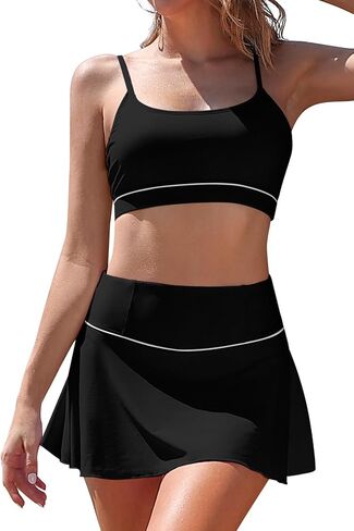 Womens Tummy Control Bikini Sets Scoop Neck Bathing Suit High Waisted Swim Skirt in Saudi Arabia