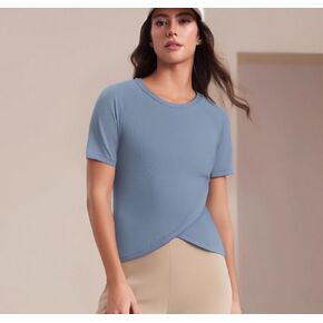 قمصان قصيرة للتمرين للنساء ذات حاشية مقسمة وأكمام قصيرة، قمصان رياضية لليوجا والجيم، فضفاضة، تصميم مرتفع ومنخفض، بلون موحد in Kuwait