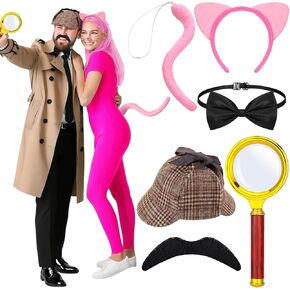 6 Pcs Halloween Couple Costume Adult Panther and Detective Costume Accessories Ear Headband Tail Set Detective Hat Magnifying Glass Tie for Halloween Cosplay in Saudi Arabia