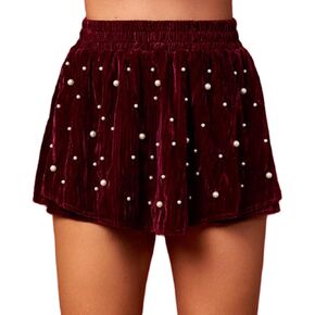 Women’s Velvet Short Skirt Holiday Elastic High Waist Pearl Studded Skort with Shorts Christmas Party in Kuwait