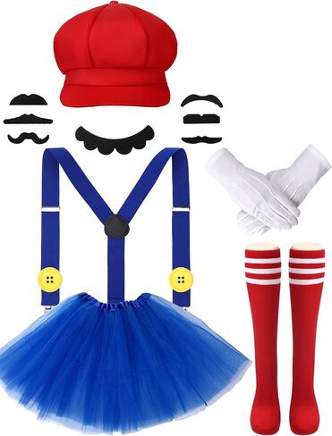 Halloween Bros Costume Accessories for Women Adult Plumber Costume Accessories Hats Mustache Dress Gloves Suspenders Socks Halloween Cosplay for Teen Girls in Saudi Arabia