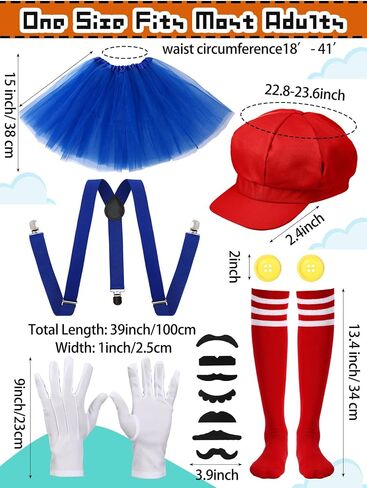 Halloween Bros Costume Accessories for Women Adult Plumber Costume Accessories Hats Mustache Dress Gloves Suspenders Socks Halloween Cosplay for Teen Girls in Saudi Arabia
