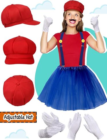 Halloween Bros Costume Accessories for Women Adult Plumber Costume Accessories Hats Mustache Dress Gloves Suspenders Socks Halloween Cosplay for Teen Girls in Saudi Arabia