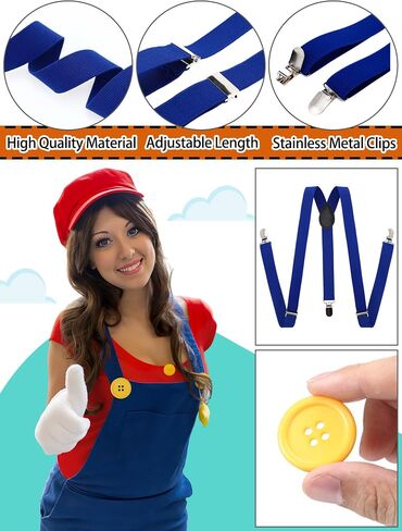Halloween Bros Costume Accessories for Women Adult Plumber Costume Accessories Hats Mustache Dress Gloves Suspenders Socks Halloween Cosplay for Teen Girls in Saudi Arabia