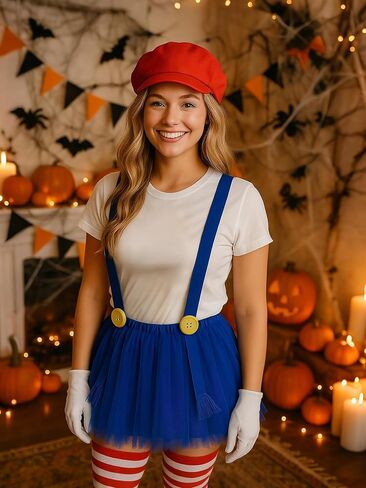 Halloween Bros Costume Accessories for Women Adult Plumber Costume Accessories Hats Mustache Dress Gloves Suspenders Socks Halloween Cosplay for Teen Girls in Saudi Arabia