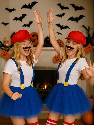 Halloween Bros Costume Accessories for Women Adult Plumber Costume Accessories Hats Mustache Dress Gloves Suspenders Socks Halloween Cosplay for Teen Girls in Saudi Arabia