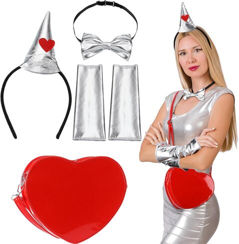 Newcotte 4 Pcs Halloween Tin Costume Kit for Woman Silver Metallic Gloves Bow Tie Silver Funnel Headband Red Heart Bag for Men Women Cosplay in Saudi Arabia