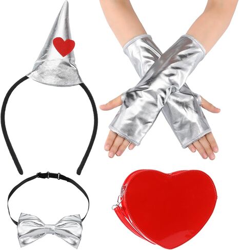 Newcotte 4 Pcs Halloween Tin Costume Kit for Woman Silver Metallic Gloves Bow Tie Silver Funnel Headband Red Heart Bag for Men Women Cosplay in Saudi Arabia