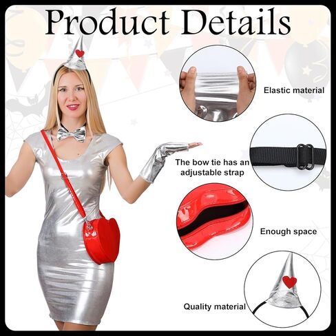 Newcotte 4 Pcs Halloween Tin Costume Kit for Woman Silver Metallic Gloves Bow Tie Silver Funnel Headband Red Heart Bag for Men Women Cosplay in Saudi Arabia