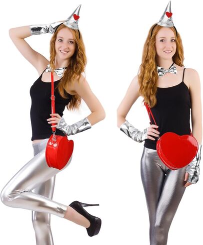 Newcotte 4 Pcs Halloween Tin Costume Kit for Woman Silver Metallic Gloves Bow Tie Silver Funnel Headband Red Heart Bag for Men Women Cosplay in Saudi Arabia