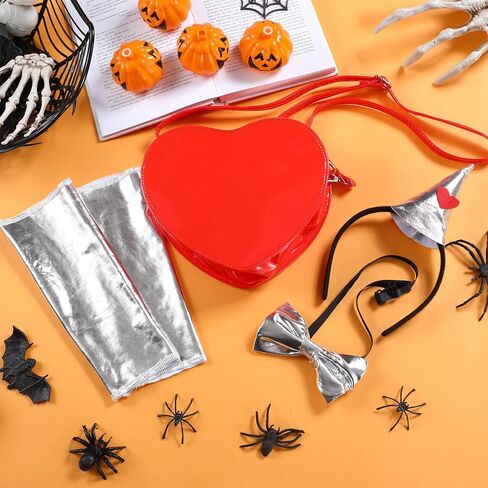 Newcotte 4 Pcs Halloween Tin Costume Kit for Woman Silver Metallic Gloves Bow Tie Silver Funnel Headband Red Heart Bag for Men Women Cosplay in Saudi Arabia