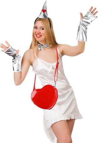 Newcotte 4 Pcs Halloween Tin Costume Kit for Woman Silver Metallic Gloves Bow Tie Silver Funnel Headband Red Heart Bag for Men Women Cosplay in Saudi Arabia