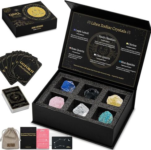 DAILYMOON 12 Zodiac Signs Crystals Gift Set with 50 Oracle Cards & 6 Healing Crystals - Natural Healing Stones for Women & All Occasions, The Astrology Birthstone with Horoscope Box Set (Libra) in Saudi Arabia