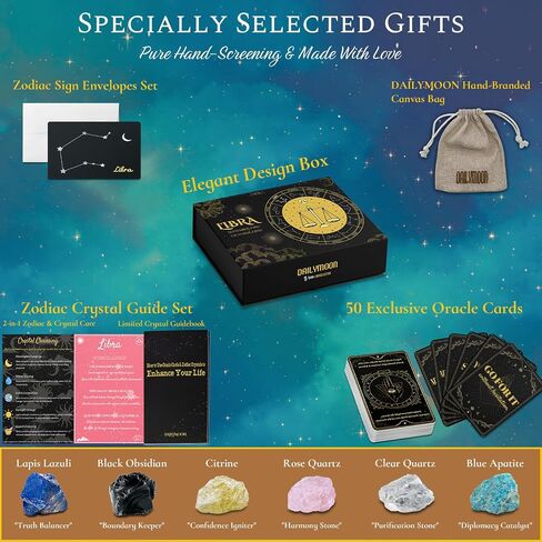 DAILYMOON 12 Zodiac Signs Crystals Gift Set with 50 Oracle Cards & 6 Healing Crystals - Natural Healing Stones for Women & All Occasions, The Astrology Birthstone with Horoscope Box Set (Libra) in Saudi Arabia