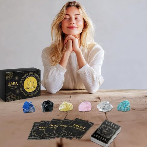 DAILYMOON 12 Zodiac Signs Crystals Gift Set with 50 Oracle Cards & 6 Healing Crystals - Natural Healing Stones for Women & All Occasions, The Astrology Birthstone with Horoscope Box Set (Libra) in Saudi Arabia